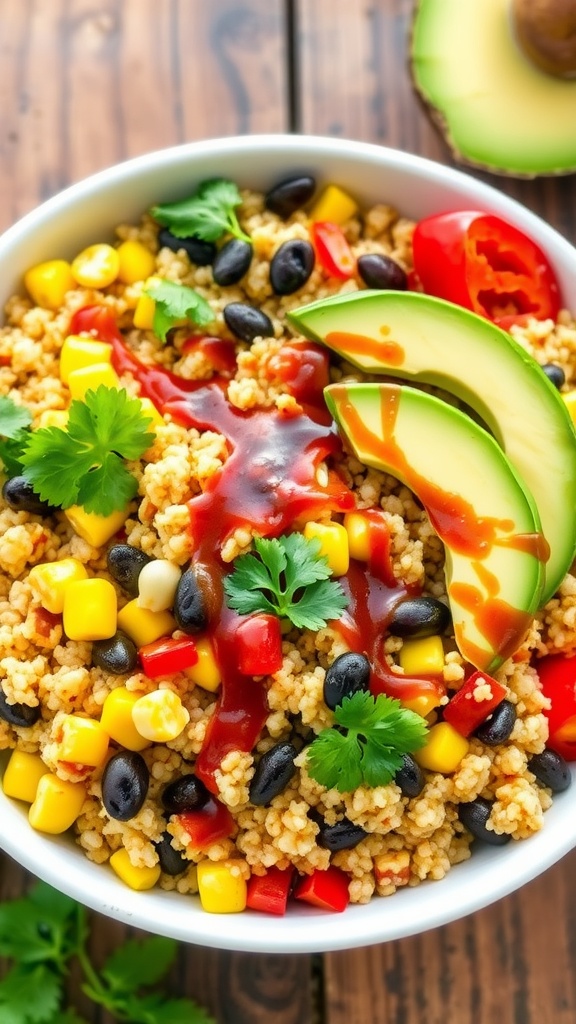 A vibrant bowl of barbecue quinoa salad with quinoa, bell peppers, corn, and black beans, garnished with cilantro and avocado.